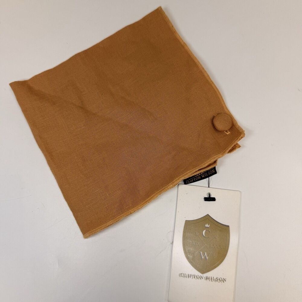 Clifton Wilson Caramel Color 100% Linen Pocket Square With Button New